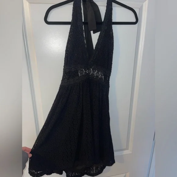 chinese dress ladies Free People Intimately Mini Black Dress Backless Halter with Lace Details  (Size S)